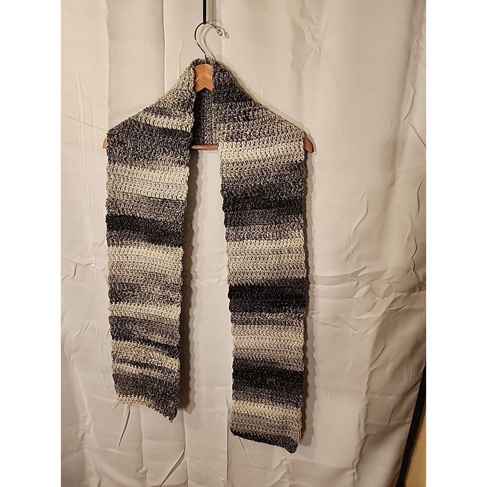 Handmade One of a kind Winter Christmas Black White Grey Hand Knitted Scarf